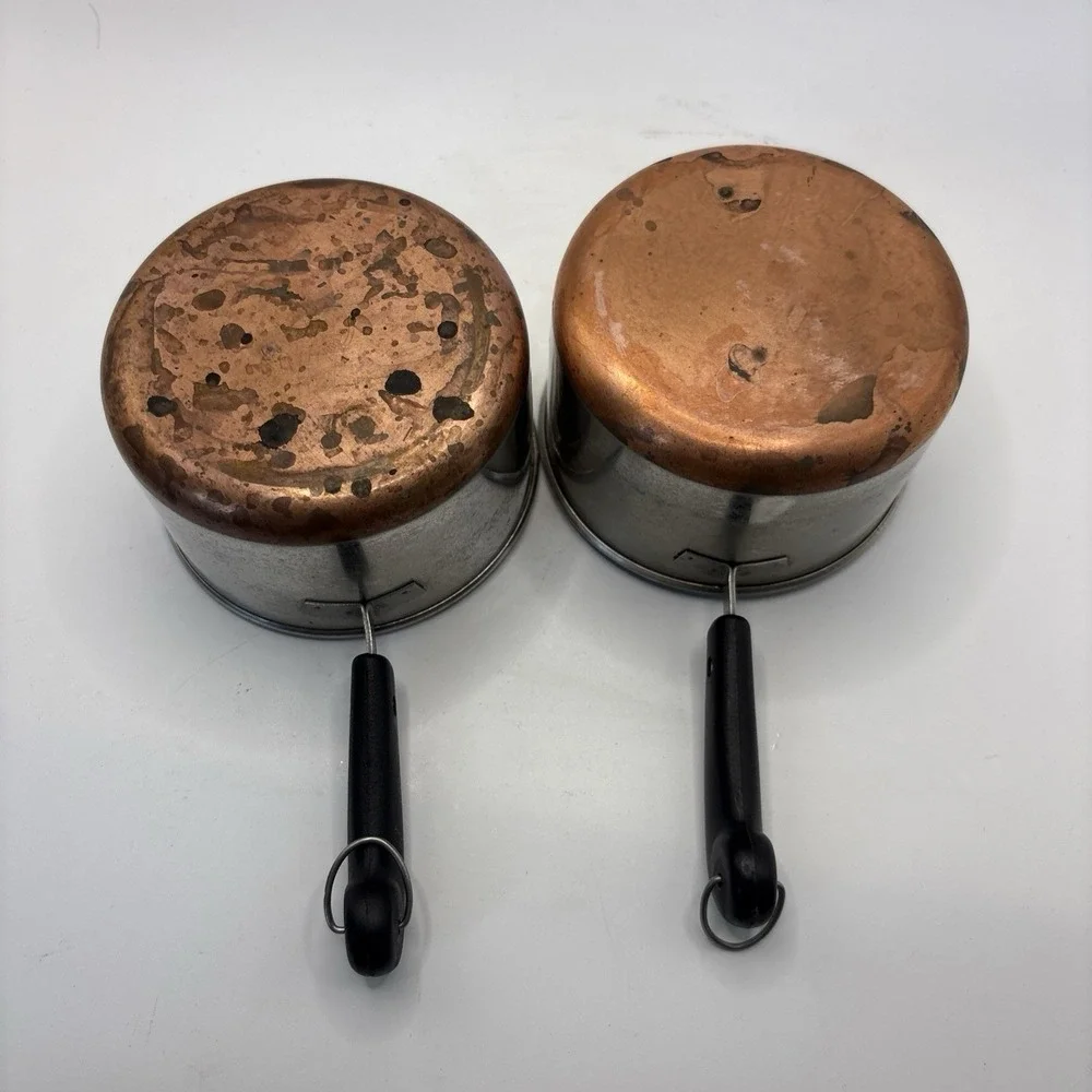 Set Of 2 Vtg 1 Cup Mini Melting Pots Stainless Copper Clad Bottoms Measuring Cup